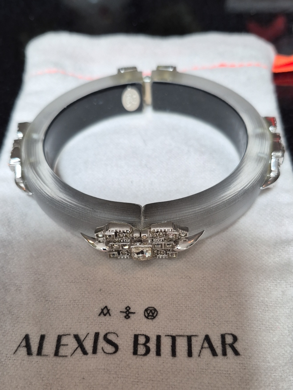 Alexis Bittar Silver Gray Lucite Hinged Bangle with Crystal Embellishments! NWOT